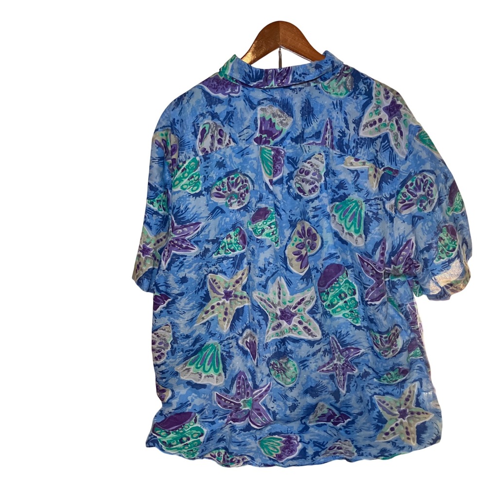 Chaps Mens XXL Swiss Blue Starfish Seashell Linen Cotton Short Sleeve Shirt - Picture 4 of 8
